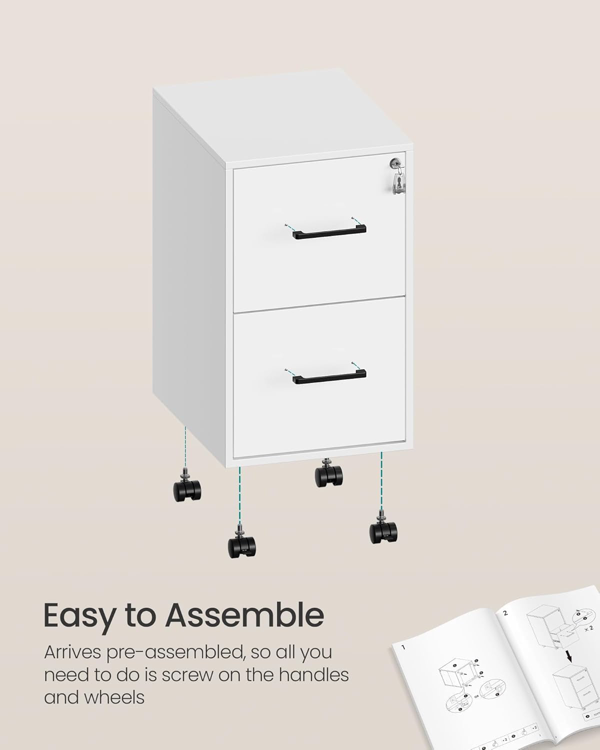 File Cabinet, Pre-Assembled except Wheels and Handles, Office Filing Cabinet with Lock, for A4, Legal, Letter Sized Documents, 17.7 X 14.4 X 25.4 Inches, Matte White UOFC112W01-3