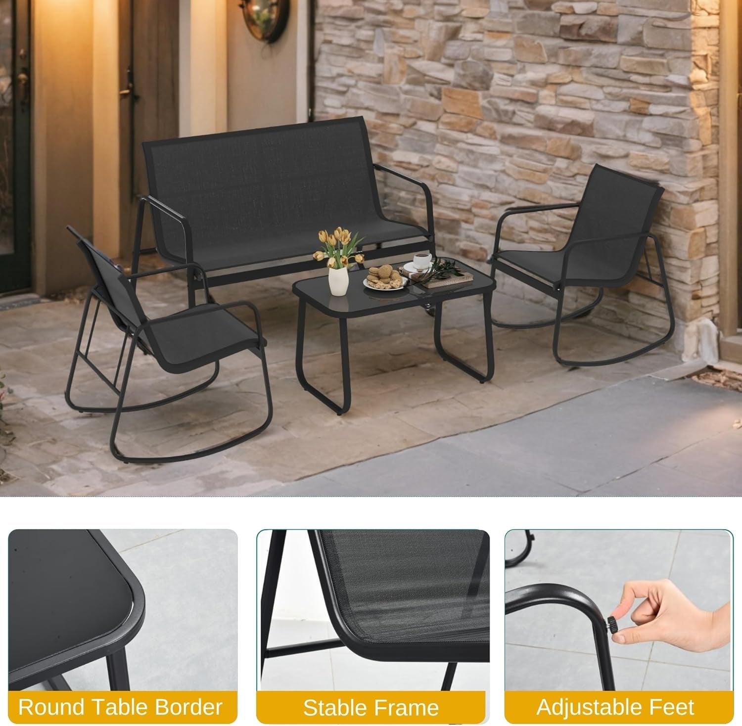 4-Piece Patio Furniture Set, Textilene Conversation Set with 2 Rocking Chairs and Tempered Glass Coffee Table, Perfect for Indoor Patio Lawn Garden Poolside, Black-3