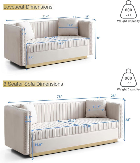 Velvet Sofa Set Luxury Couch Set Living Room Couches and Loveseat Sets Modern Sofa Couch Set L Shaped Couches with Gold Metal Legs and Nailhead for Living Room, Apartment and Office-1
