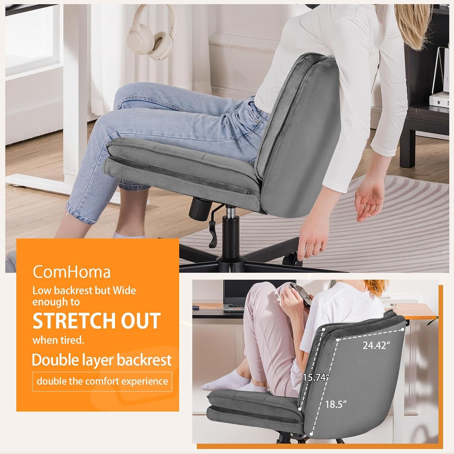 Criss Cross Chair with Wheels, Armless Wide Cross Legged Office Chair Mid Back, Modern Home Office Desk Chair Swivel Adjustable Vanity Computer Chair, Gray Velvet-4