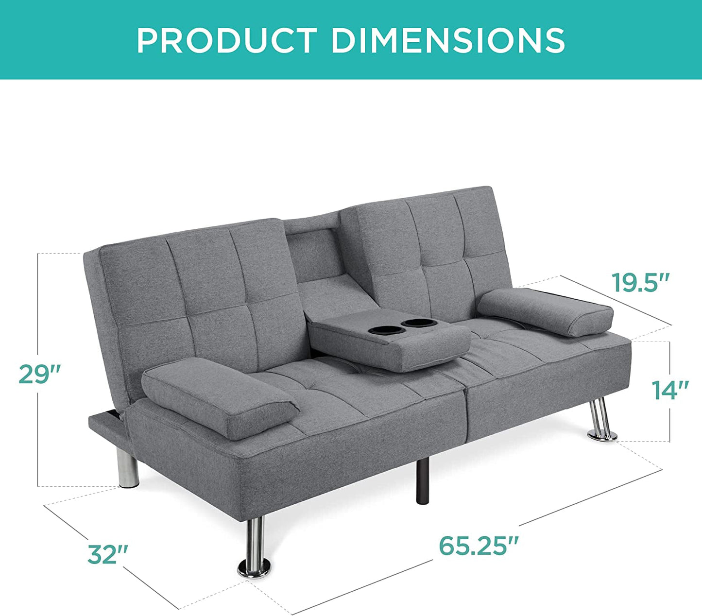 Linen Modern Folding Futon, Reclining Sofa Bed for Apartment, Dorm W/Removable Armrests, 2 Cupholders - Gray-2