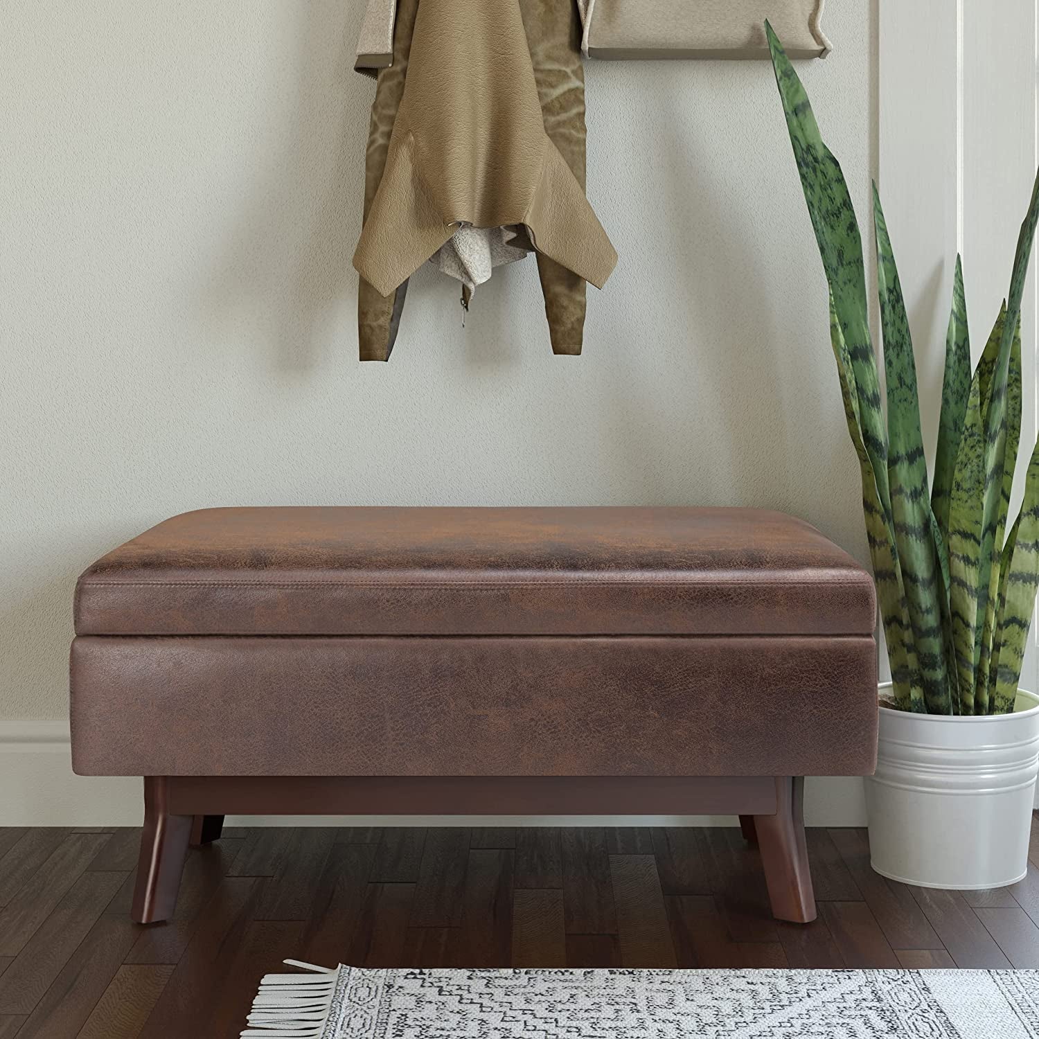 Mid Century Modern Storage Ottoman in Chestnut Brown-0