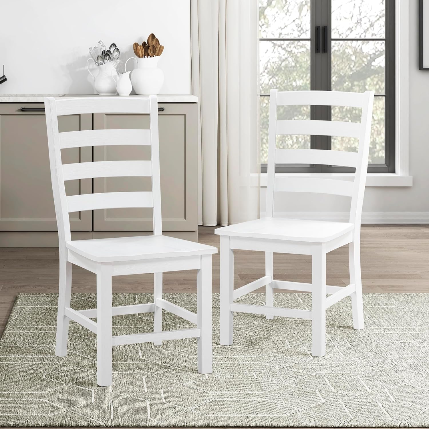 Dining Chairs Set of 2, Dining Chairs with Solid Wood Legs and Footrest, High Ladder Back Farmhouse Dining Chairs, Wooden Dining Room Chairs, White-0