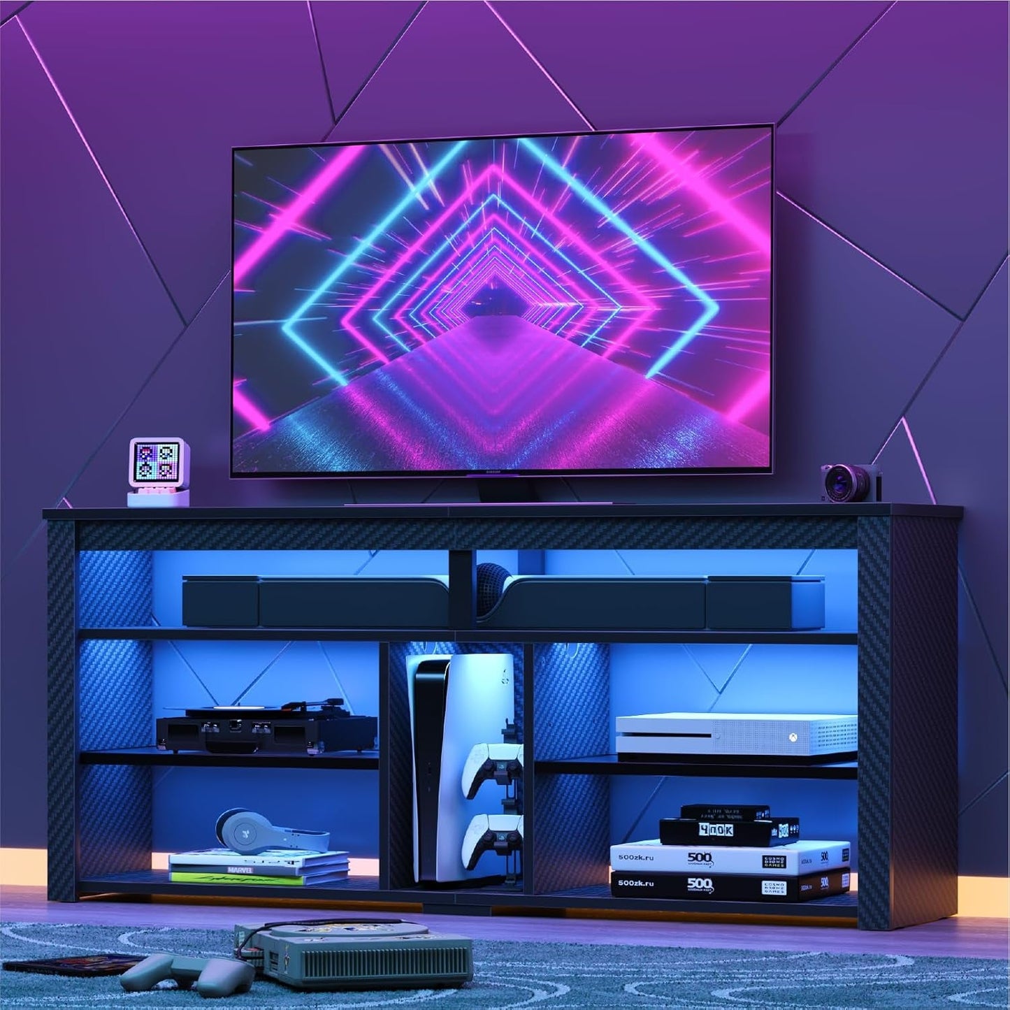 LED Tall TV Stand, Entertainment Center for 55/60/65 Inch TV, Gaming TV Console with Storage for PS5, Adjustable Shelf Modern High TV Cabinet for Living Room Bedroom, Carbon Fiber Black-2