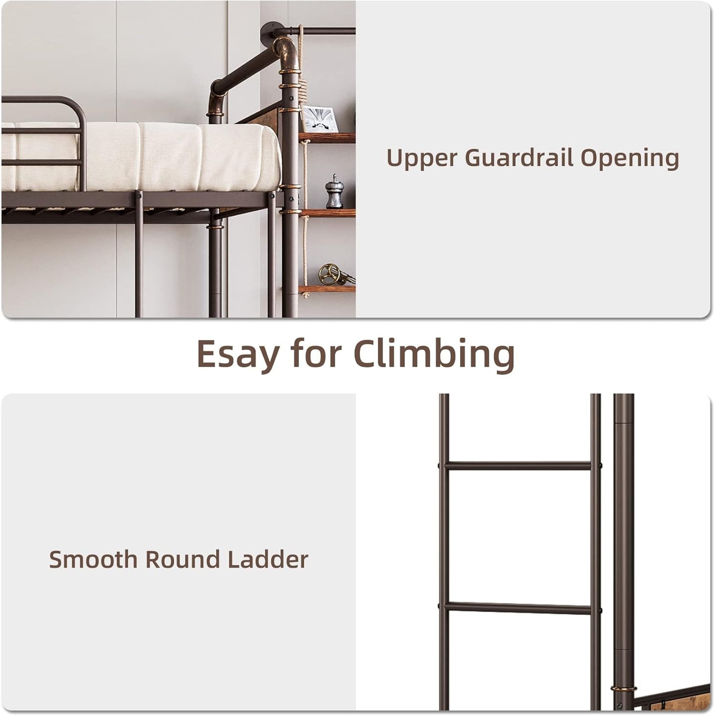 Bunk Bed Twin over Twin,Metal Bunkbeds with Ladders & 16.6" Safety Guardrail,Twin Bunk Beds for Kids,Adults and Small Spaces,No Box Spring Needed,Brown-4