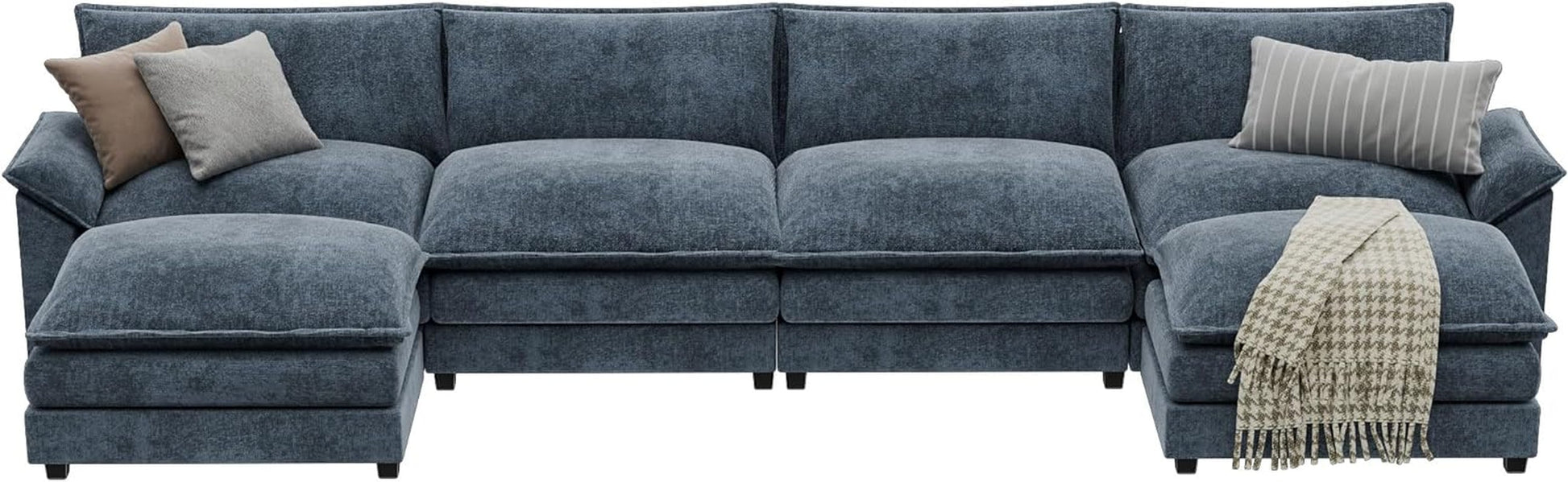 Sectional Modular Sofa U Shaped Chenille Fabric Couch with High Supportive & Soft Sponges and Removable Ottoman, Sleeper Comfy Upholstered Furniture for Living Room, Blue-2