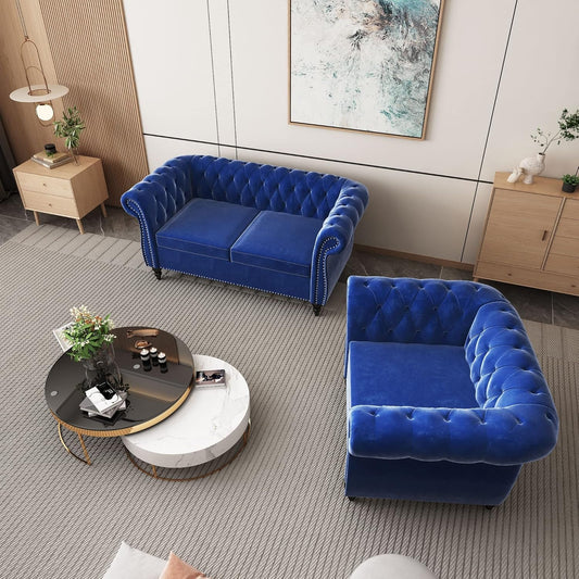 2 Piece Living Room Set, Chesterfield Velvet Sofa Loveseat Couch Chair with Scroll Arms and Nailhead for Living Room, Office (Blue, 1-2)-1