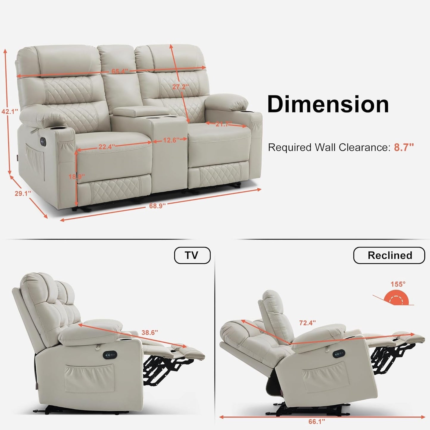 Power Loveseat Recliner with Console, Electric Reclining Loveseat with Heat and Vibration, Cup Holder, USB Charge Port, Faux Leather Recliner Sofa Pr622Sets (Light Grey, Loveseat with Console)-2