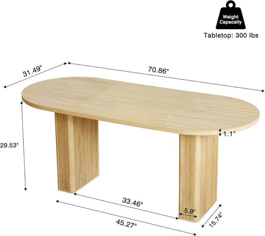 70.8 Inch Kitchen Dining Table for 4-6 People, Oval Kitchen Table with Wood Strip Base, Modern Farmhouse Large round Dining Room Tables for Kitchen Living Room (Natural)-1