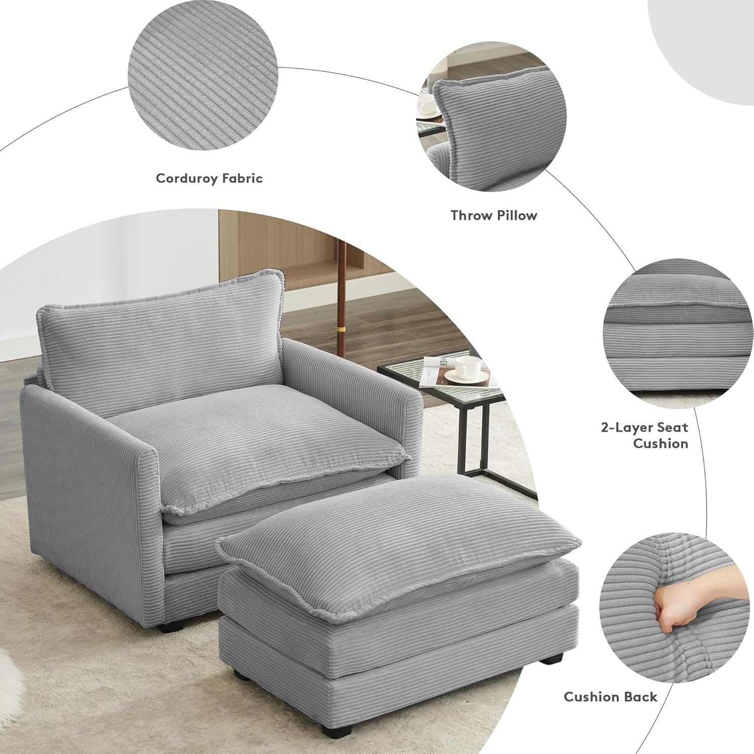 Convertible Sectional Couch with Ottoman, Corduroy Single Armchair with Ottoman, Upholstered Couch with Convertible Chaise, Modern Living Room Furniture Set, Light Grey-3
