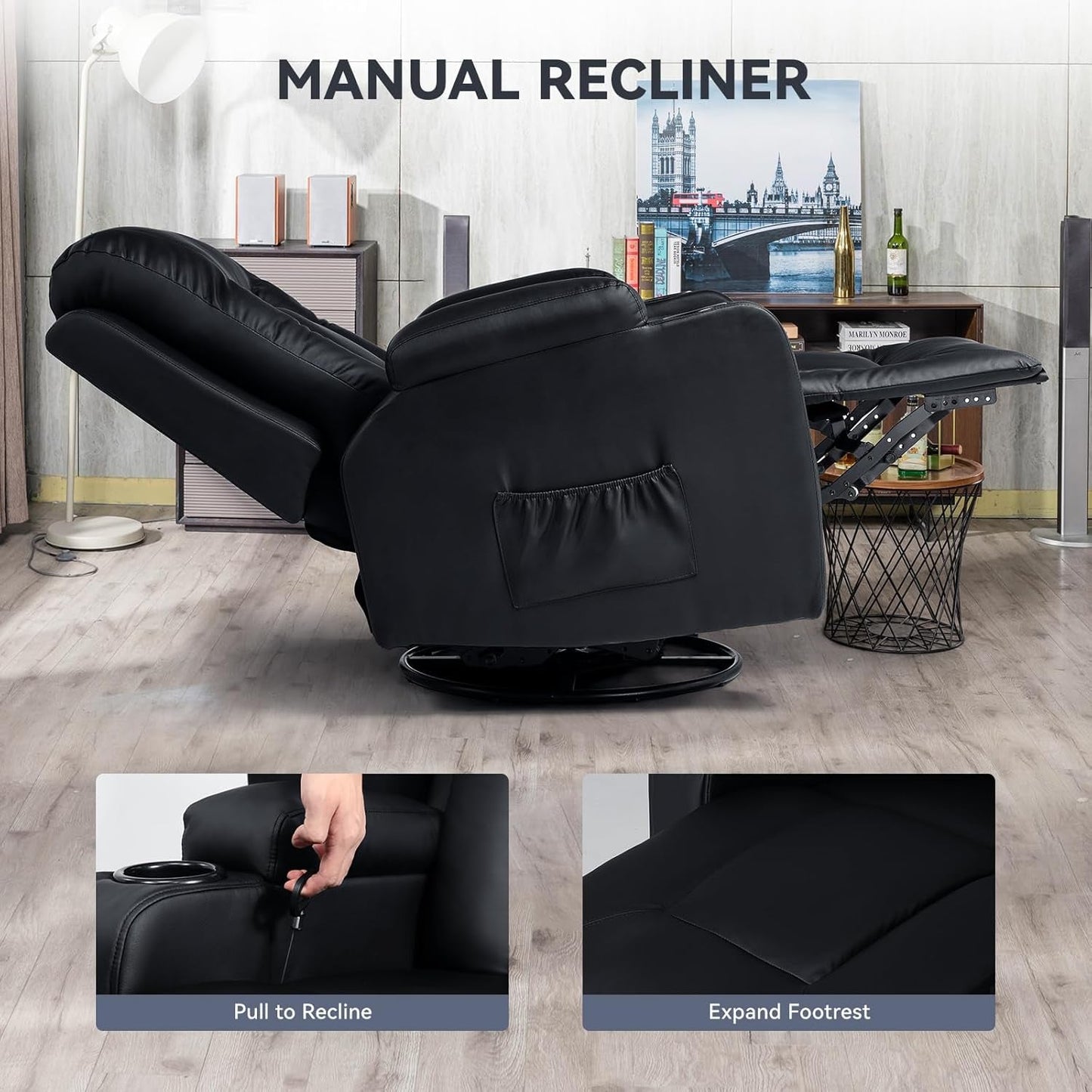 Living Room Furniture Set, Bonded Leather Loveseat Sofa with Cup Holder Recliner Chair, Black-3