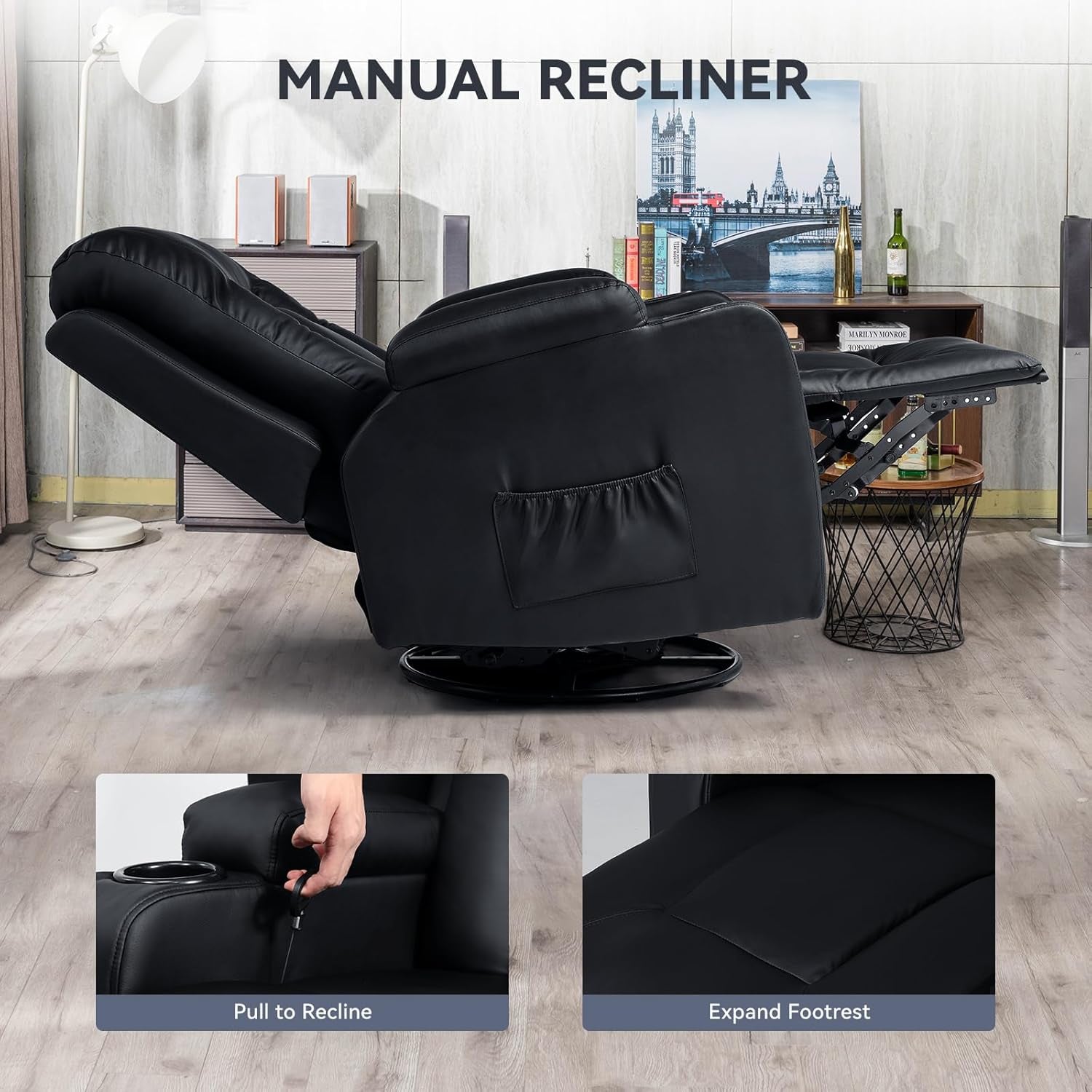 Living Room Furniture Set, Bonded Leather Loveseat Sofa with Cup Holder Recliner Chair, Black-3