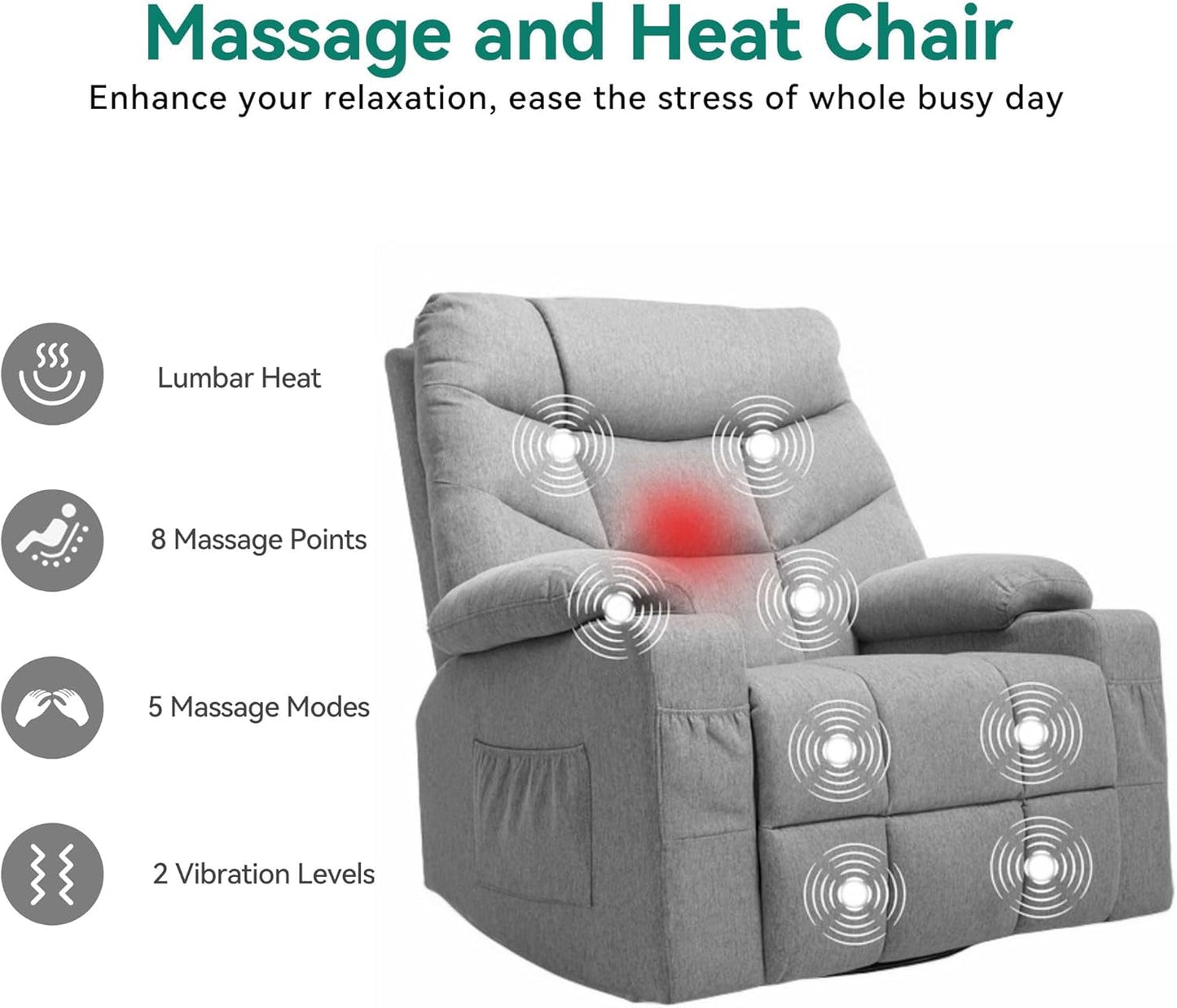 Oversized Swivel Rocking Recliner with Massage and Heat for Big and Tall, Fabric Rocker Recliner Chair with Cup Holders and Side Pocket, Comfy Home Theater Seating for Living Room, Gray-3