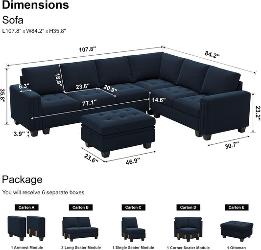 Velvet L Shaped Sofa Couch with Reversible Chaise Convertible Modular Sectional Sofa Set with Storage Ottoman Corner Sofa Set for Living Room Blue-1