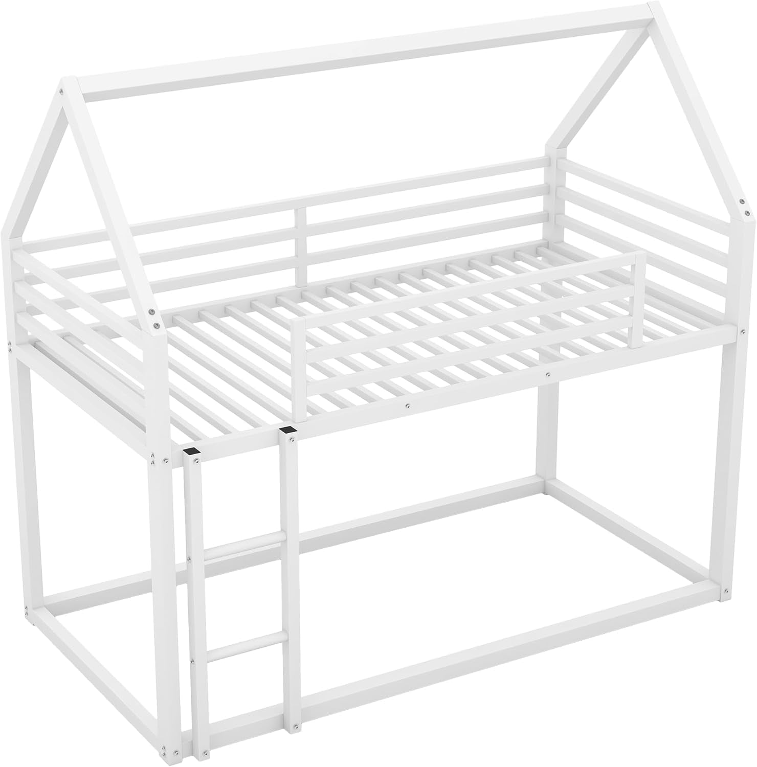Full over Full Metal Floor Bunk Bed with Safety Guardrails and Roof Design for Kids,Girls, Boys,House Shaped Bunk Bed Frame,No Box Spring Required,White-3