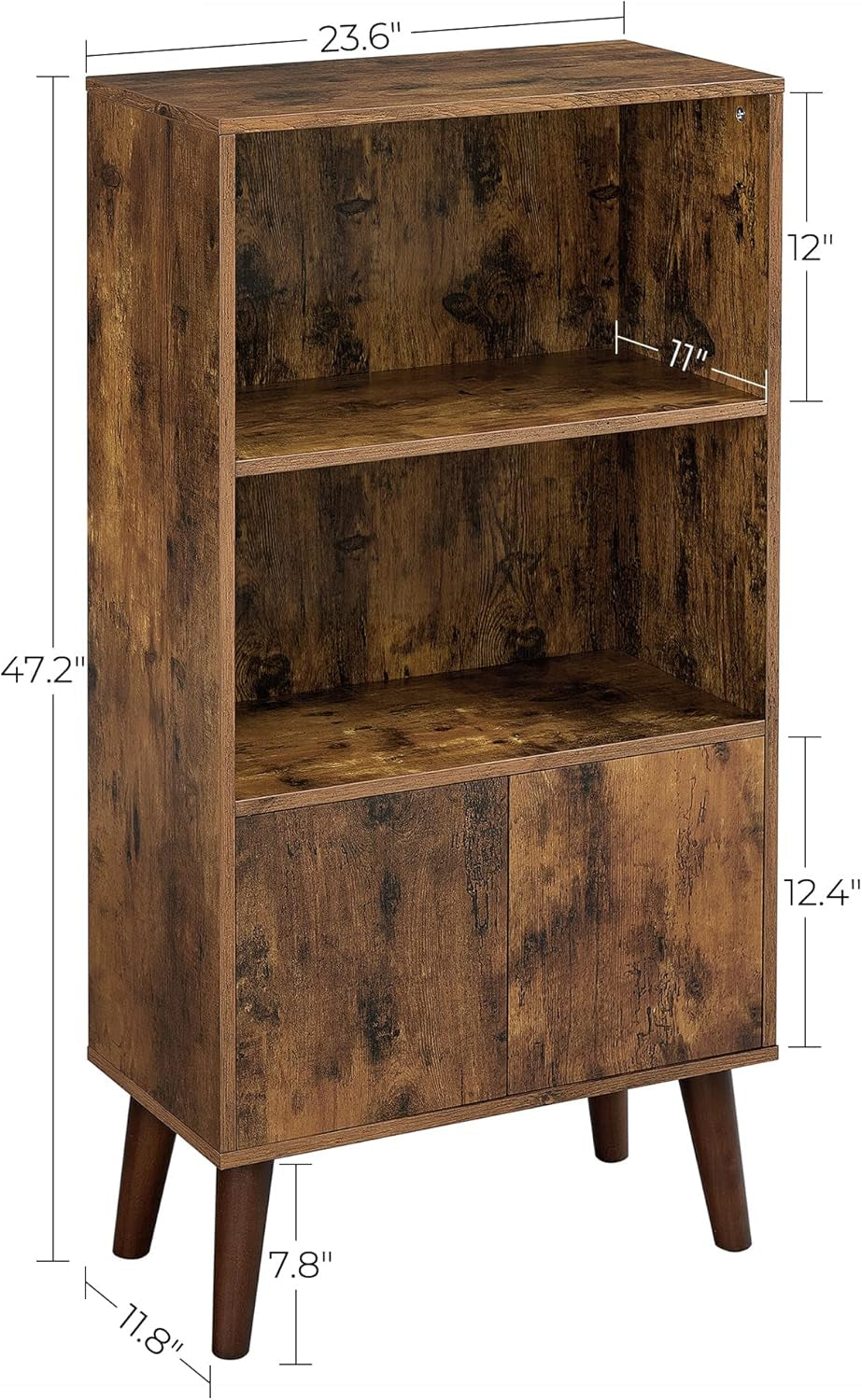 Bookcase, 2-Tier Retro Bookshelf with Doors, Storage Cabinet for Books, Photos, Decorations in Living Room, Office, Study, Mid-Century Style, Rustic Brown ULBC09BX-2