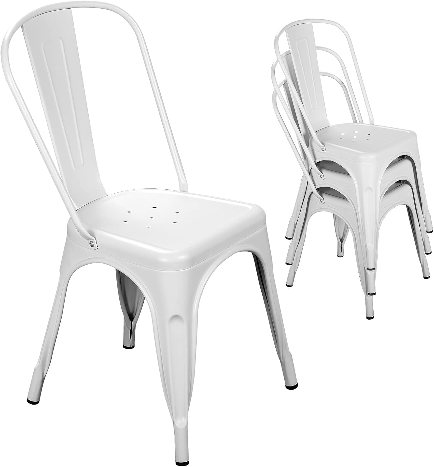 Metal Dining Chair Farmhouse Tolix Style for Kitchen Dining Room Café Restaurant Bistro Patio, 18 Inch, Stackable, Waterproof Indoor/Outdoor (Sets of 4) (White)-0