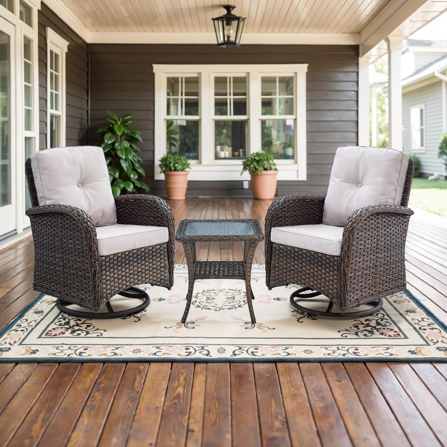 Patio Wicker Chairs Swivel Rocker Outdoor Swivel Rocking Chairs Set of 2 with Rattan Side Table Patio Swivel Glider Chair 3 Piece Patio Furniture Sets for Porch Pool Brown/Beige, (A085-2)-1