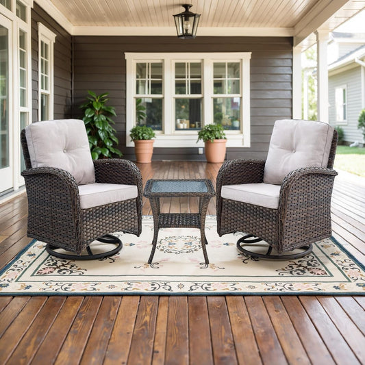 Patio Wicker Chairs Swivel Rocker Outdoor Swivel Rocking Chairs Set of 2 with Rattan Side Table Patio Swivel Glider Chair 3 Piece Patio Furniture Sets for Porch Pool Brown/Beige, (A085-2)-1