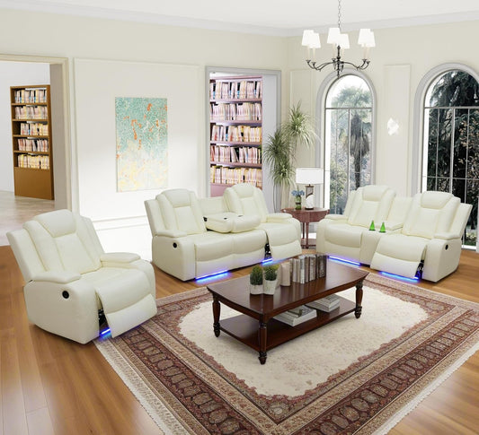 Leather Power Recliner Sofa Set with LED, Living Room Furniture Set, Leather Sofa Set with USB Port Storage Console Cup Holder (Power Reclining Sofa Set, Cream White)-0