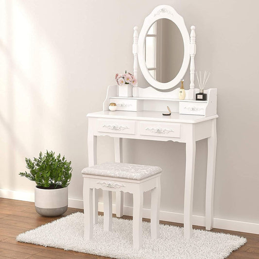 Wood Makeup Vanity Set with Mirror & Stool-0
