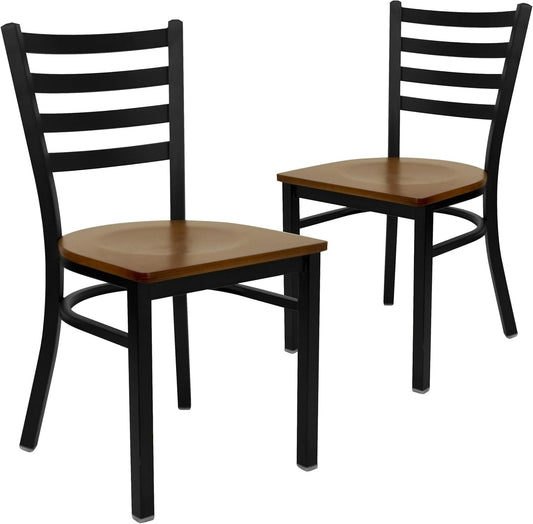 2 Pack HERCULES Series Black Ladder Back Metal Restaurant Chair - Cherry Wood Seat-0