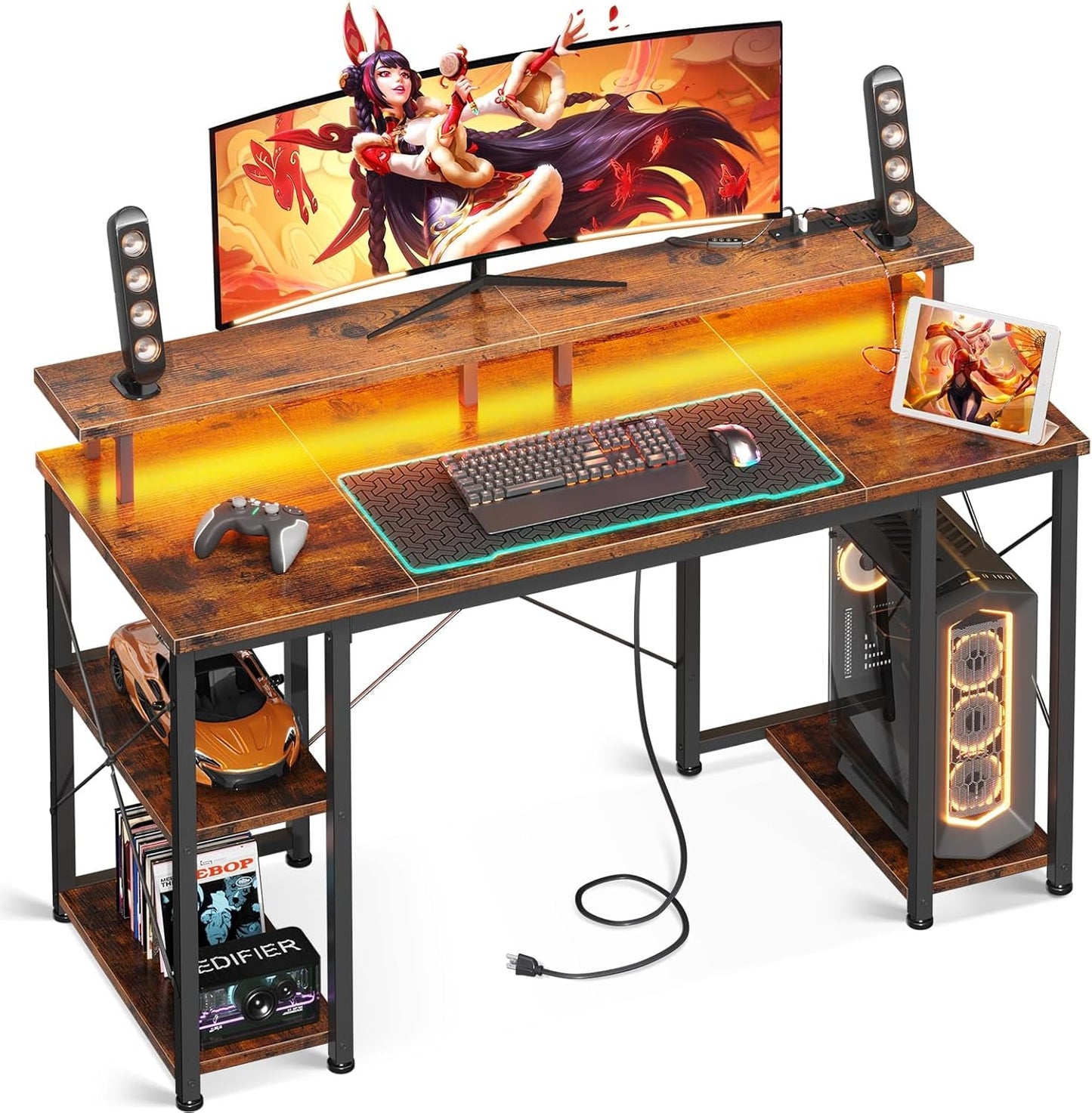 48 Inch Gaming Desk with LED Lights & Power Outlets, Computer Desk with Monitor Stand & Storage Sheves, CPU Stand, Home Office Desk, Vintage-0