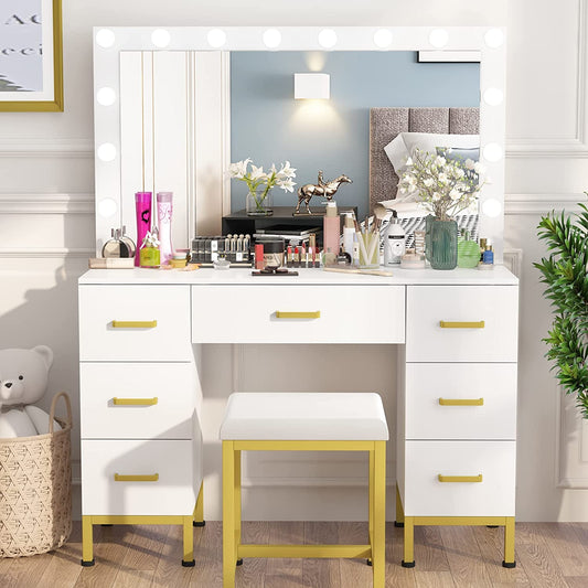 White Vanity Desk Set with Lighted Mirror-1