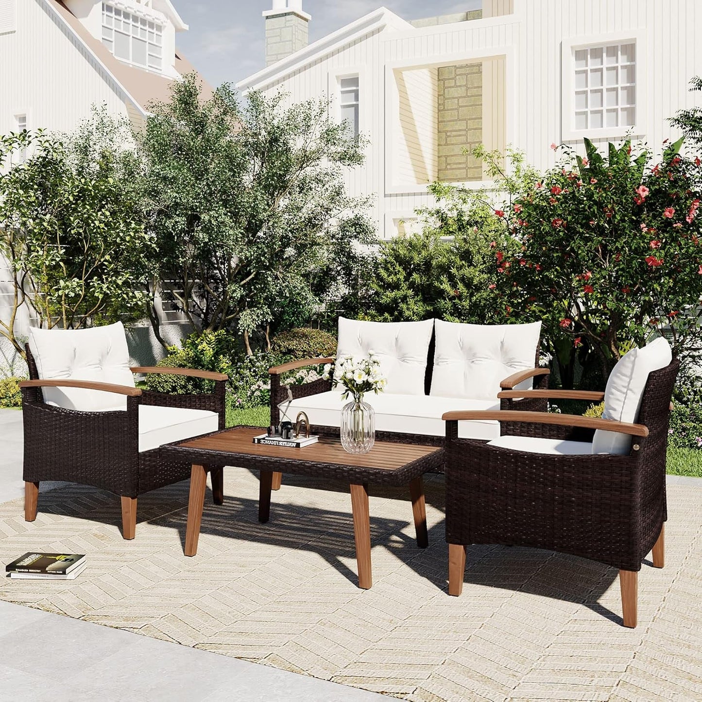 Patio Furniture Sets 4 Pieces, All Weather Outdoor PE Rattan Sofa with Wood Table and Legs, for Lawn, Backyard, Poolside or Garden, Beige-0
