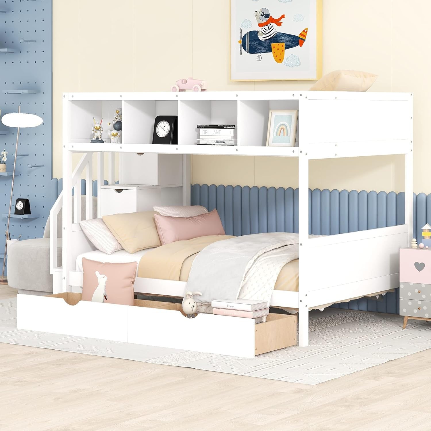 Twin over Full Bunk Bed with Storage Shelves, Stairs, Solid Wood Staiway Bunk Bed Frame with 2 Drawers, for Kids Teens Adults (White)-3