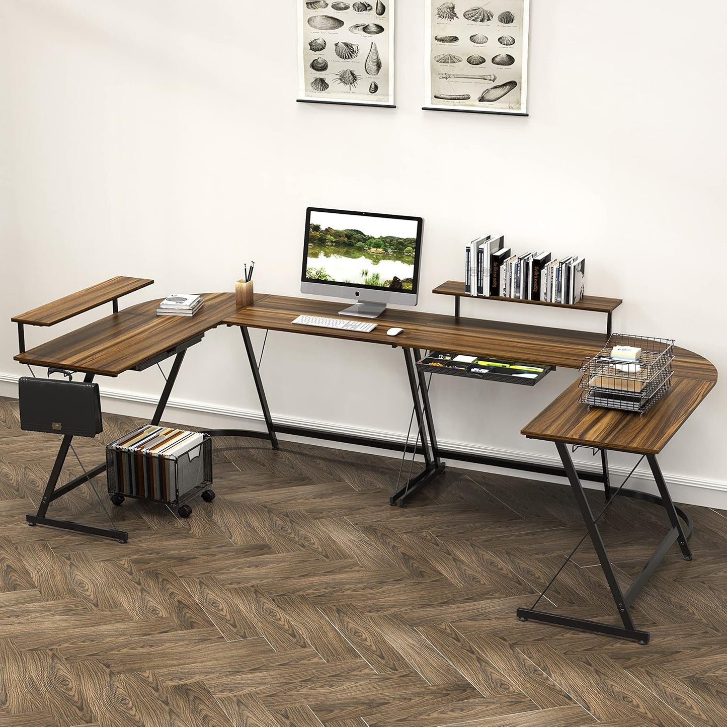 Vista L-Shape Desk with Monitor Stand, Walnut-3