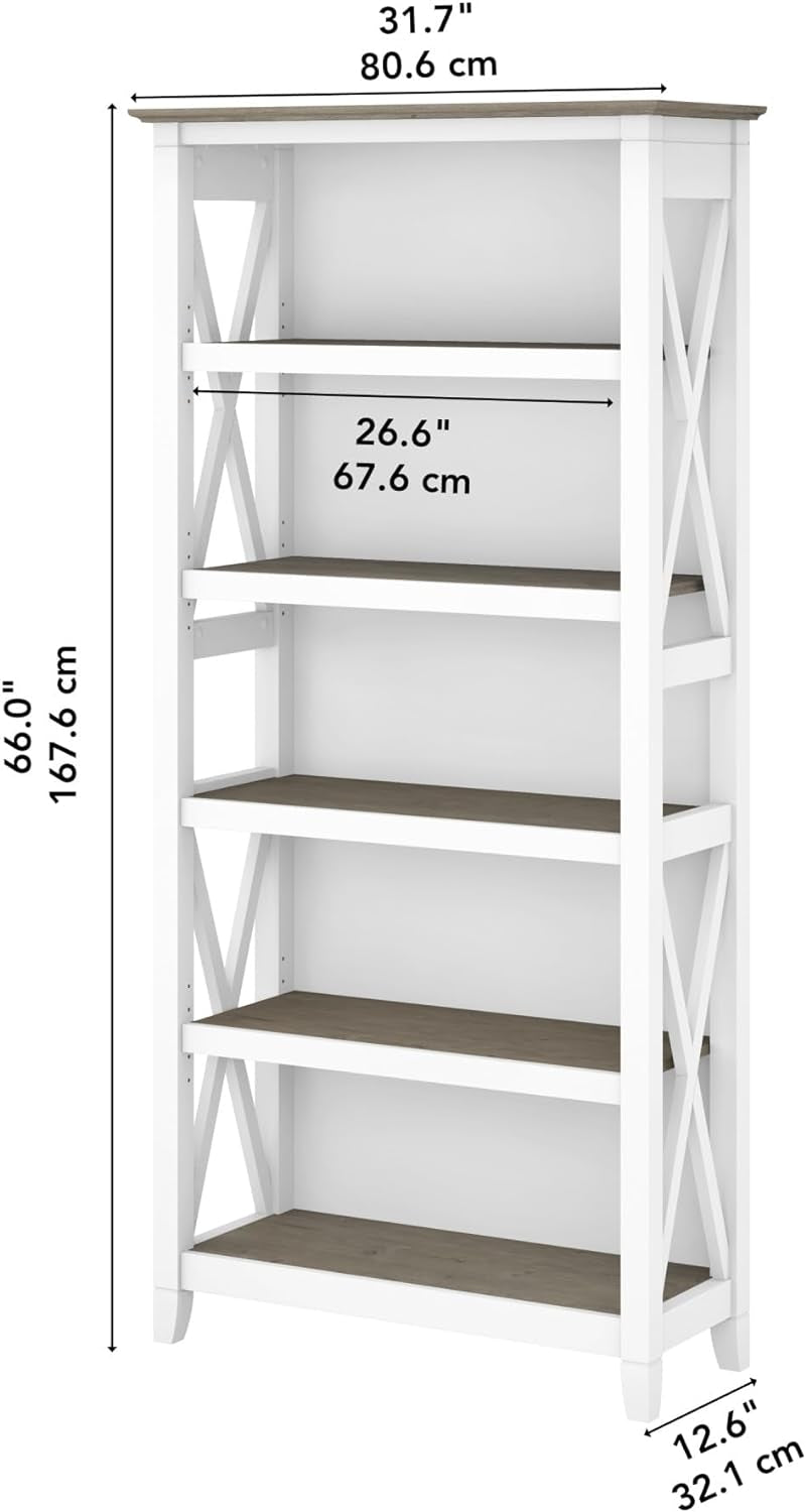 Bush Furniture BSH24470221 Key West 5-Shelf 66-Inch H Bookcase, Shiplap Gray/Pure White-2