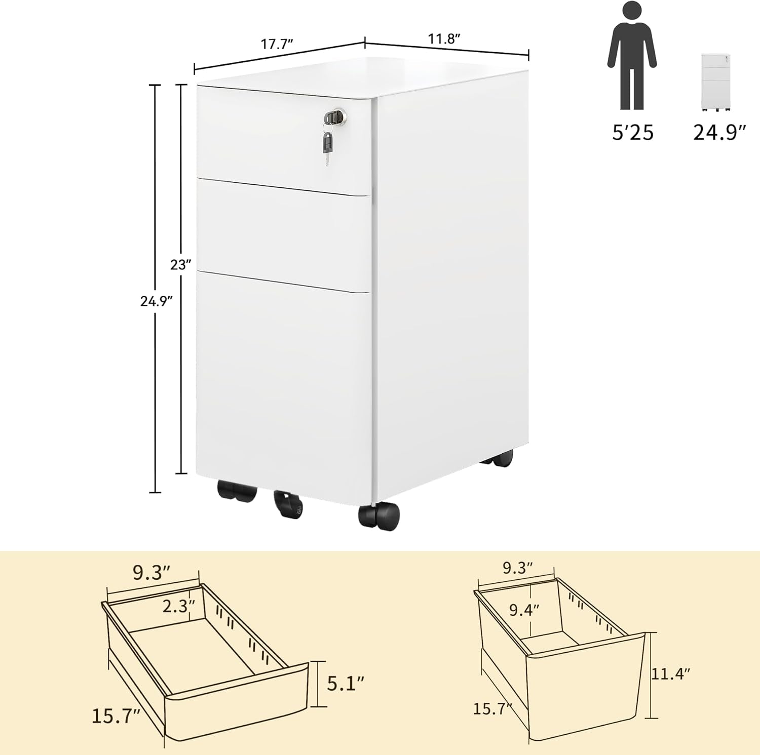 3-Drawer Vertical File Cabinet, Mobile Filing Cabinet with Lockable, Pre-Assembled Compact Slim File Cabinet, Portable Office Storage for A4/Letter/Legal Documents (White)-2