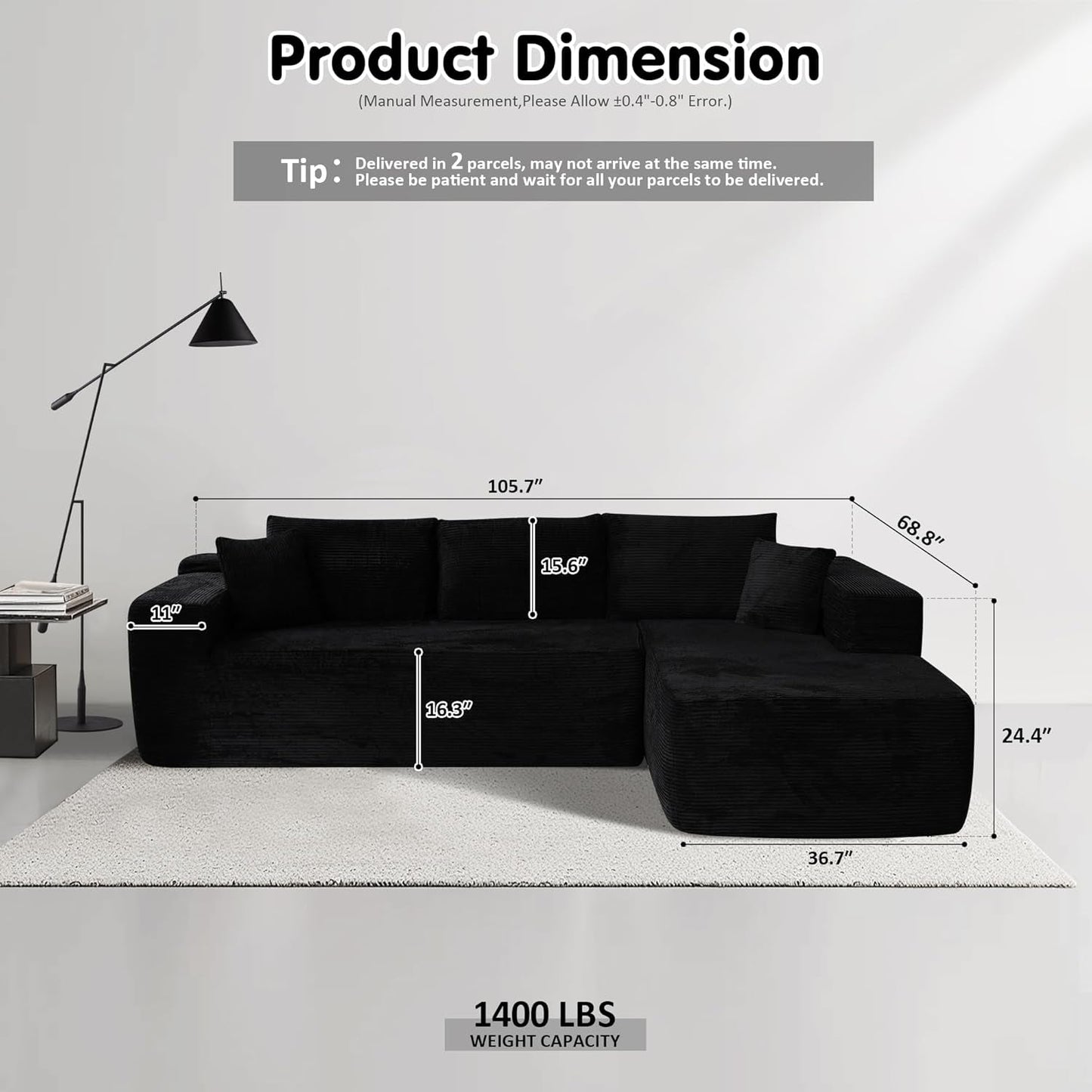 104" Cloud Sectionl Couch with L-Shpe Chise,Modern Modulr Sof with Deep Set, Upholstered Couches for Living Room Bedroom,No ssembly Required, Blck (Corduroy Fbric)-1