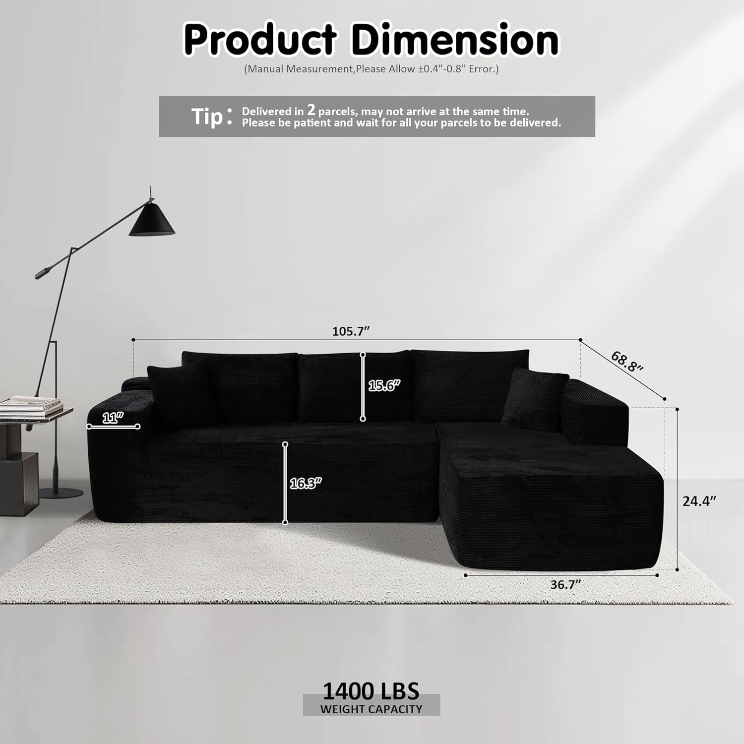 104" Cloud Sectionl Couch with L-Shpe Chise,Modern Modulr Sof with Deep Set, Upholstered Couches for Living Room Bedroom,No ssembly Required, Blck (Corduroy Fbric)-1