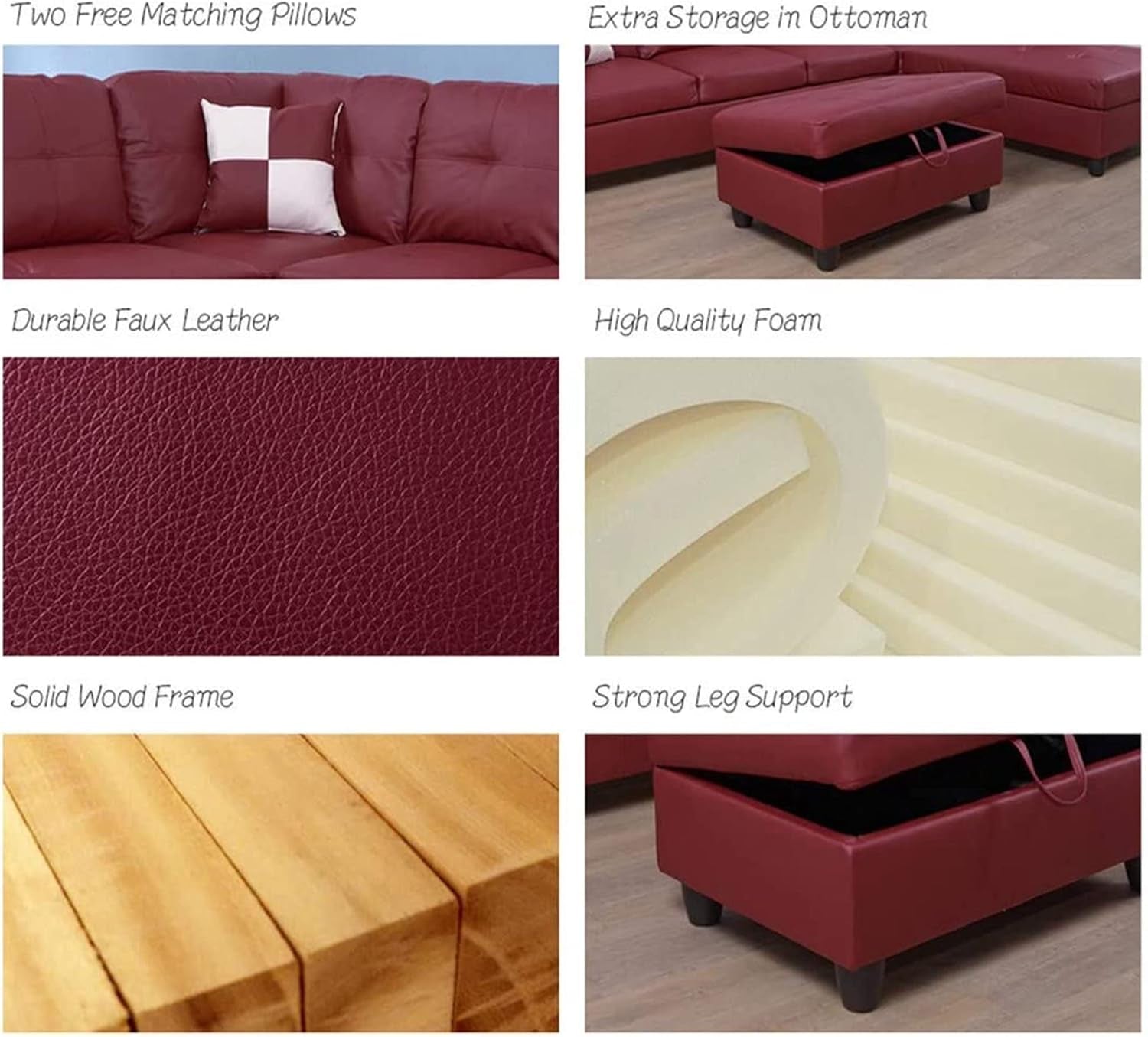 Sectional Sofa Faux Leather Modern L Shaped Couch Set 103.5”Wide Including Chaise and 3 Seating Sofa with Storage Ottoman for Living Room Furniture (Right Hand Facing, B-Red)-4