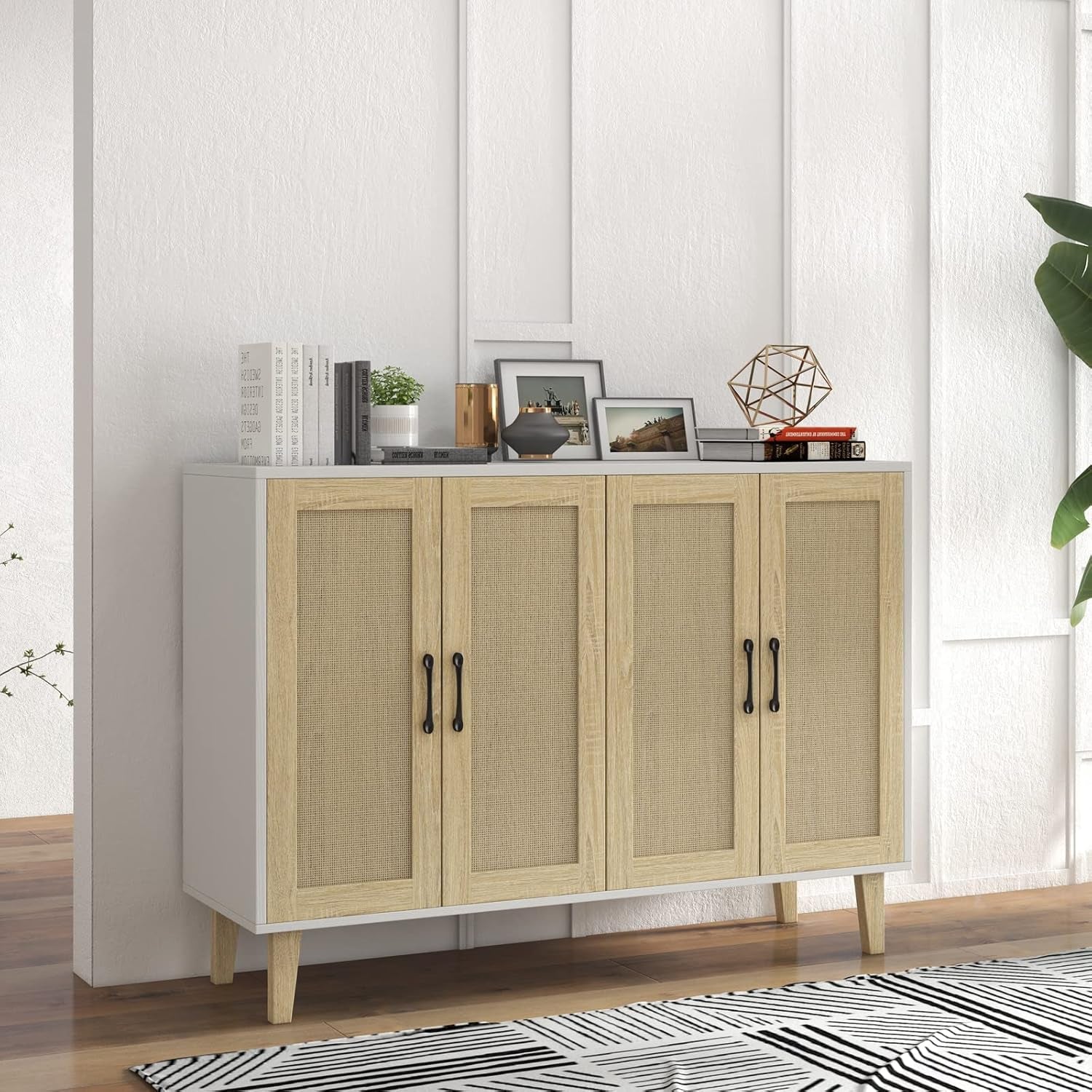 Buffet Storage Cabinet with Rattan Decorating 4 Doors Living Room Kitchen Sideboard 48.43 X 34.65 X 15 Inch (White)-1