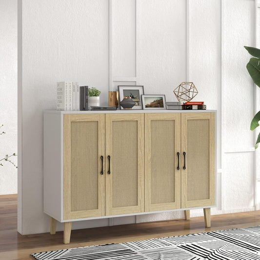 Buffet Storage Cabinet with Rattan Decorating 4 Doors Living Room Kitchen Sideboard 48.43 X 34.65 X 15 Inch (White)-1