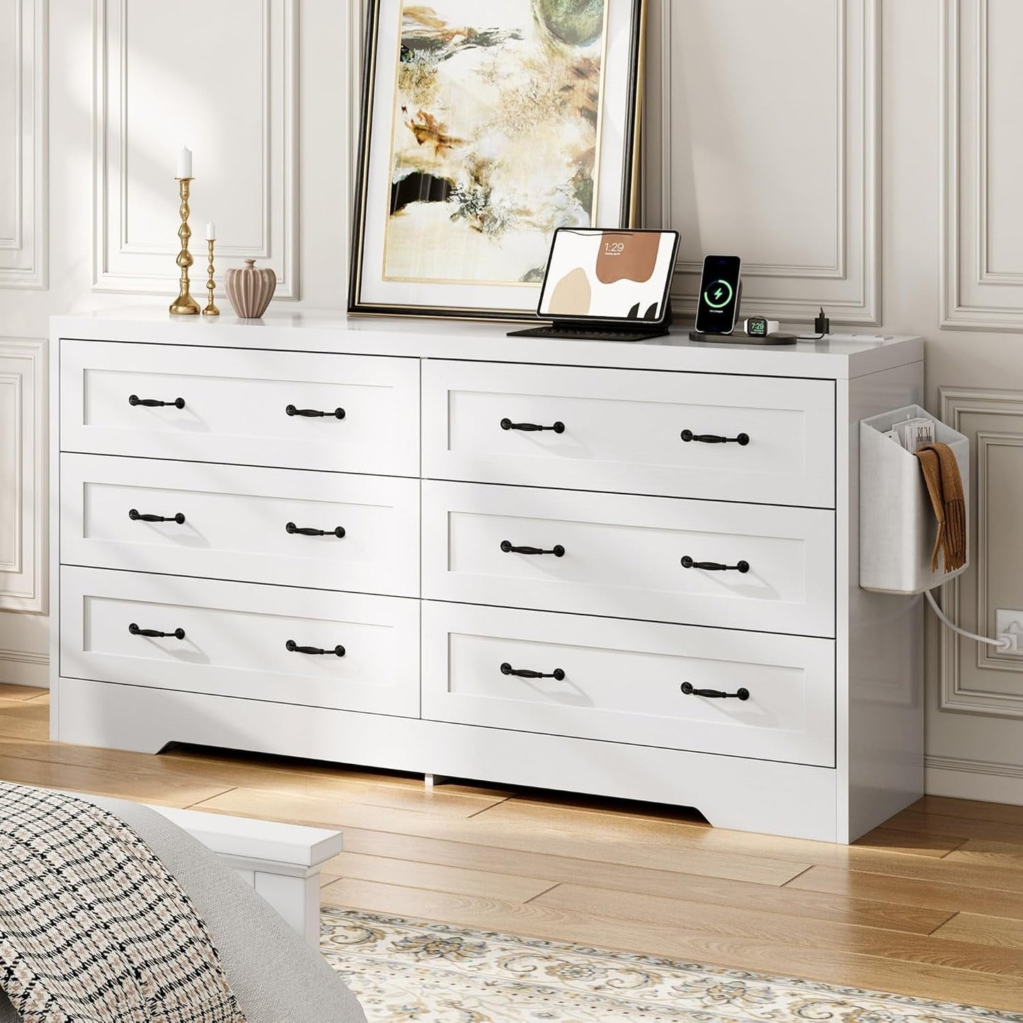Farmhouse 6 Drawer Dresser for Bedroom, 60 Inch Large Modern Dresser TV Stand with Drawers & Bar Handles, Storage Dressers with Power Outlets, Rustic Wood Chest of Drawers, White-0