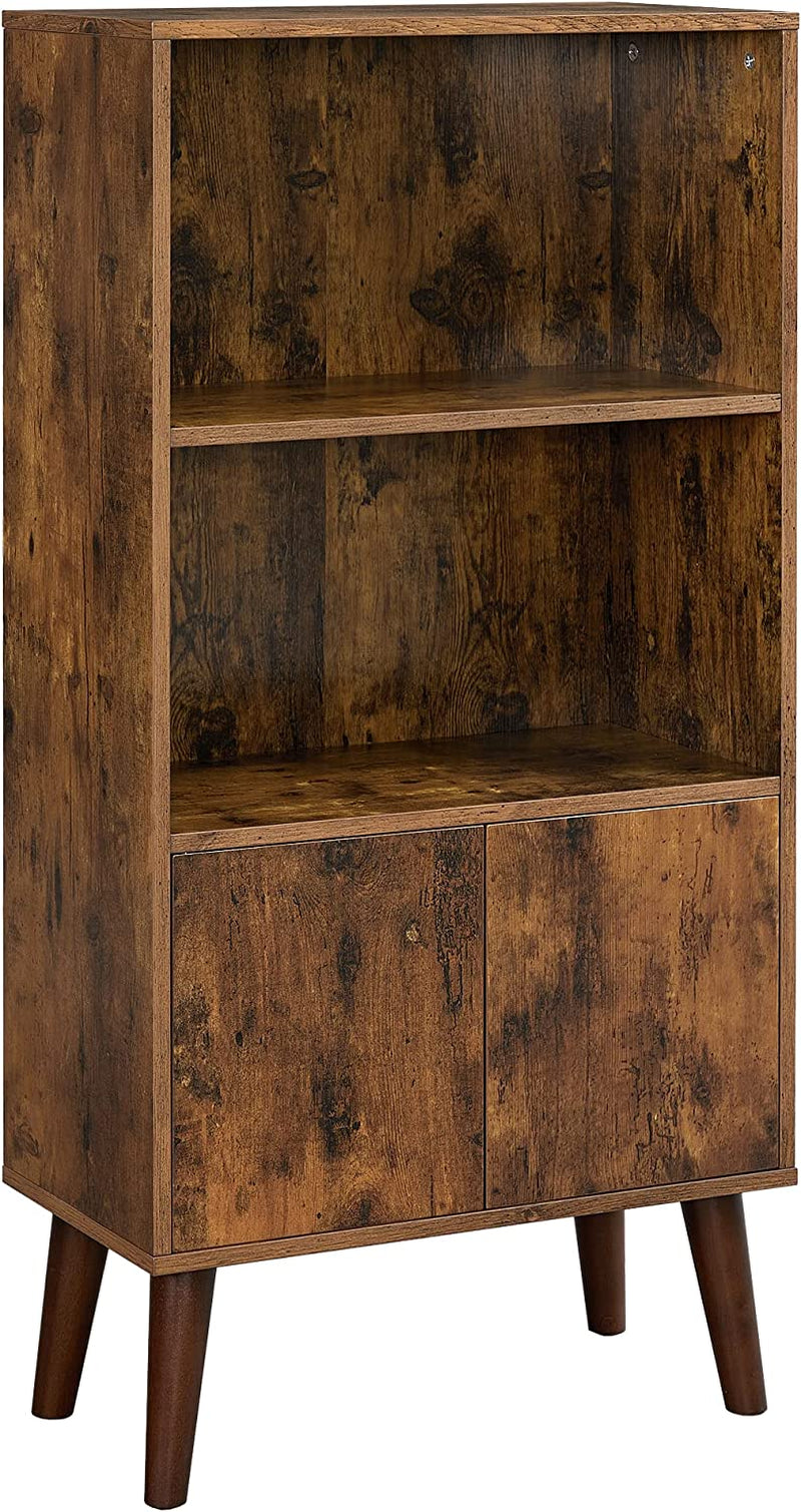Bookcase, 2-Tier Retro Bookshelf with Doors, Storage Cabinet for Books, Photos, Decorations in Living Room, Office, Study, Mid-Century Style, Rustic Brown ULBC09BX-0