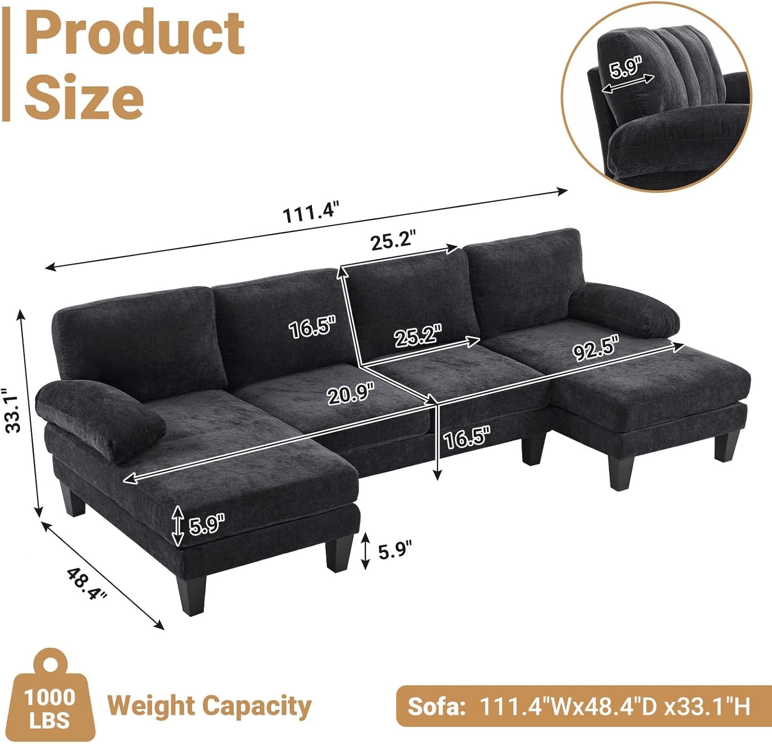 110" Sectional Couches for Living Room,U Shaped Couch with Double Chaise, 4-Seat Sofa Set with Chenille Fabric for Home Furniture,Black-1
