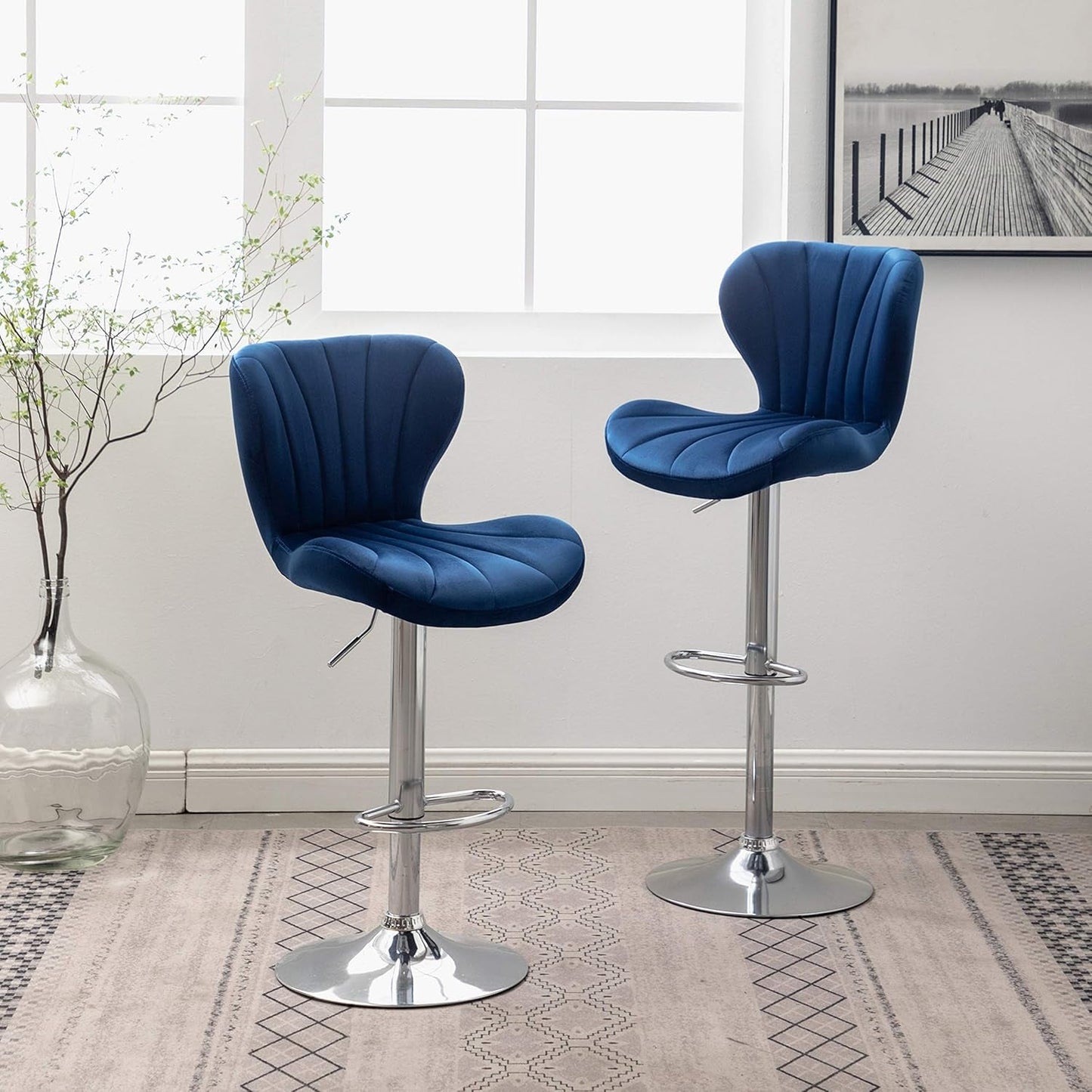 Ellston Velvet Adjustable Swivel Barstools in Blue, Set of 2-0