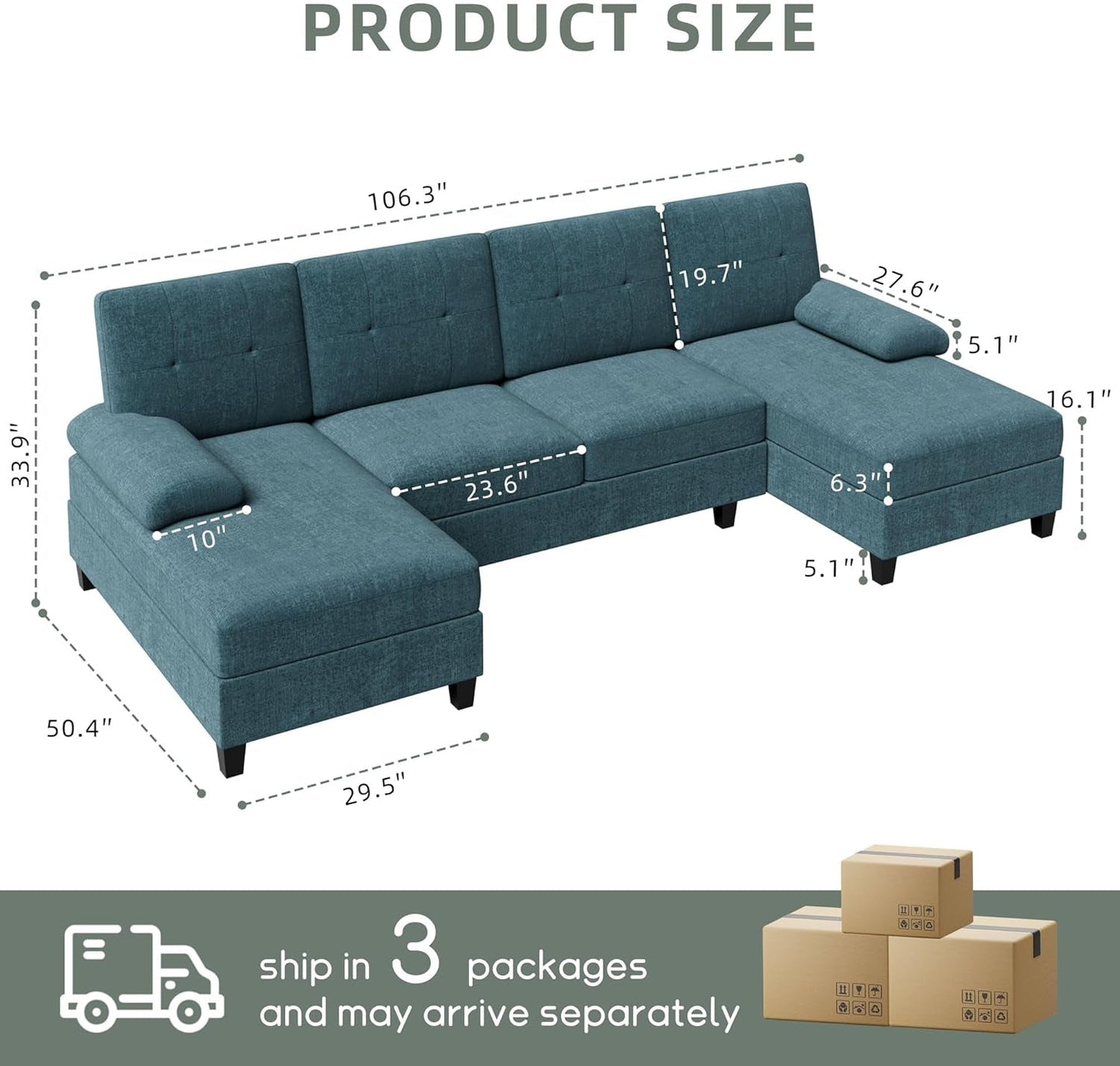 U-Shaped Sectional Sofa with Double Chaise, 4-Seat Linen Fabric Living Room Furniture Set, High-Density Cushions for Ultimate Comfort & Modern Style, Lake Blue-1