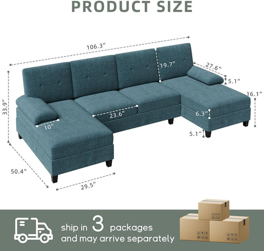 U-Shaped Sectional Sofa with Double Chaise, 4-Seat Linen Fabric Living Room Furniture Set, High-Density Cushions for Ultimate Comfort & Modern Style, Lake Blue-1