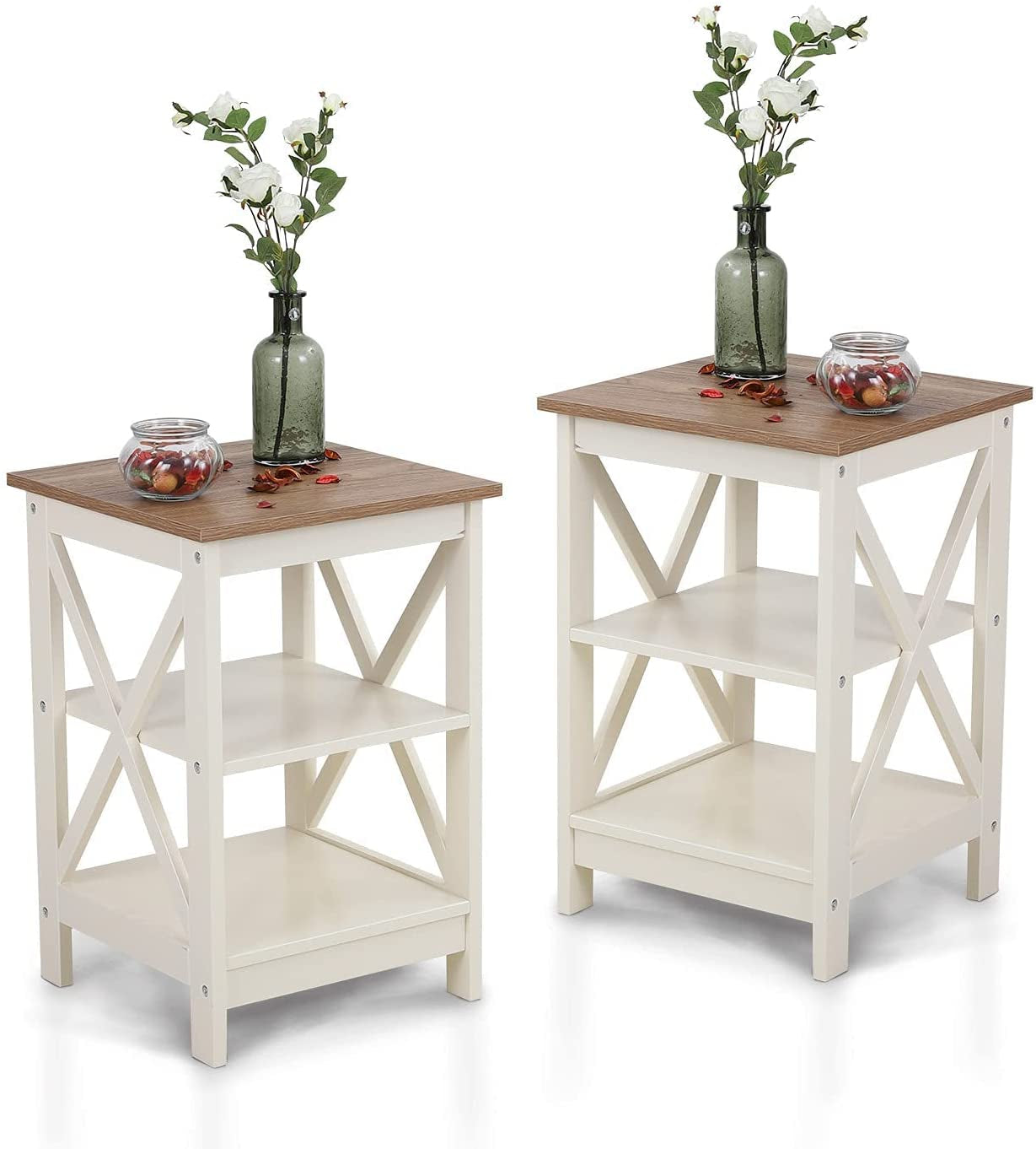 Rustic Ivory Nightstands Set of 2 with Storage-1