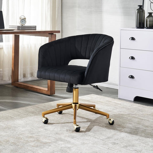 Home Office Chair Swivel Velvet Desk Chair, Vanity Chair with 360 Swivel Armchair and Gold Base,For Living Room, Bedroom, Vanity, Study (Black)-1