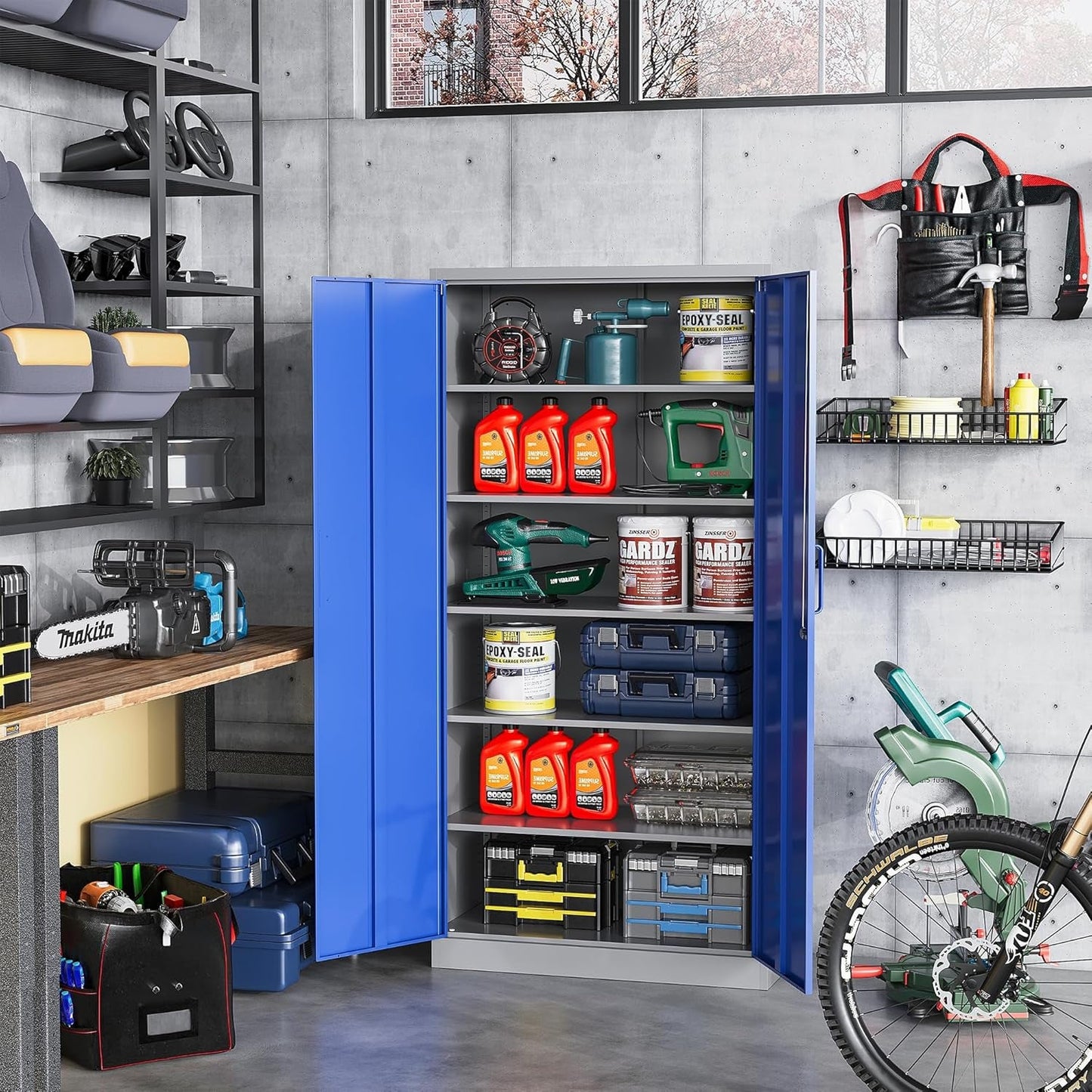 Metal Garage Storage Cabinet with Lock, 71" Steel Lockable File Cabinet, Locking Steel Storage Cabinet with 5 Adjustable Shelves for Home, Office, Garage, Warehouse (Blue Grey, 2 Door - 71" H)-1