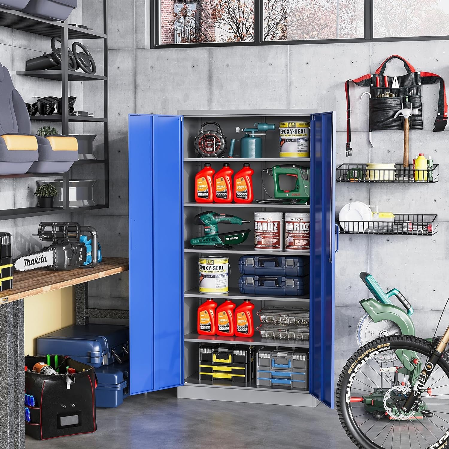 Metal Garage Storage Cabinet with Lock, 71" Steel Lockable File Cabinet, Locking Steel Storage Cabinet with 5 Adjustable Shelves for Home, Office, Garage, Warehouse (Blue Grey, 2 Door - 71" H)-1