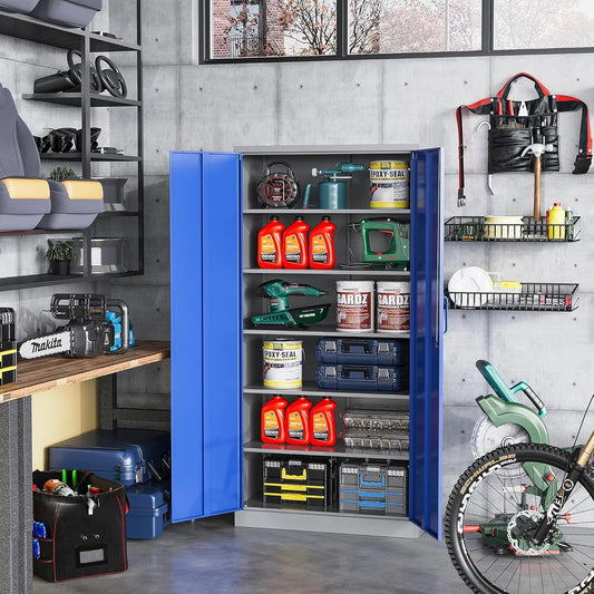 Metal Garage Storage Cabinet with Lock, 71" Steel Lockable File Cabinet, Locking Steel Storage Cabinet with 5 Adjustable Shelves for Home, Office, Garage, Warehouse (Blue Grey, 2 Door - 71" H)-1