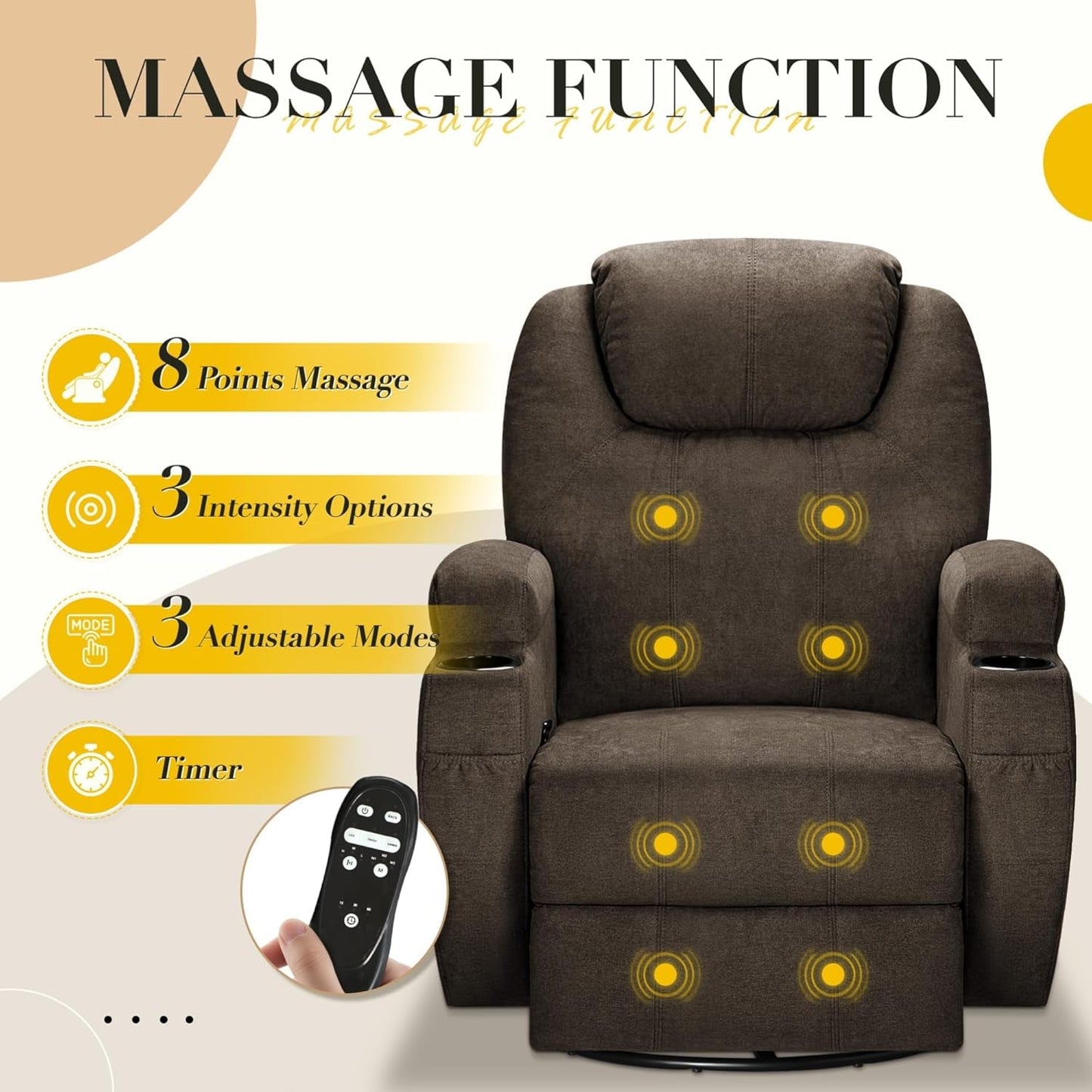 Recliner Chair, 360° Swivel Rocker Chair for Adults, Rocking Recliner Chair with Massage, Comfy Single Sofa with Side Pockets Cup Holders for Living Room, Bedroom, Nursery (Fabric, Brown)-3